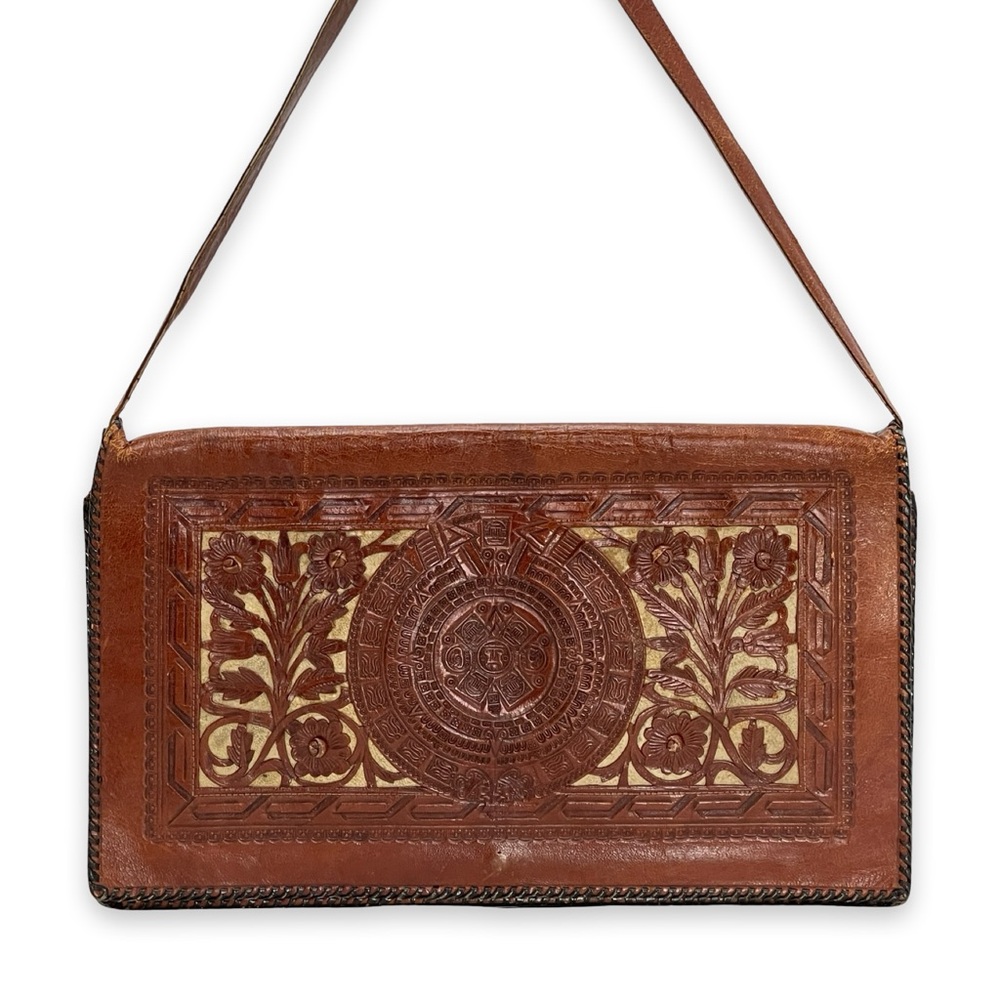 🔎Rare Vintage Artisan Tooled Leather Mayan Aztec Calendar Satchel